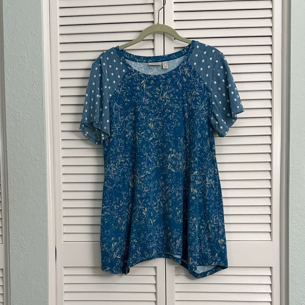 LOGO by Lori Goldstein Teal Blue Floral Raglan Short Sleeve Top
